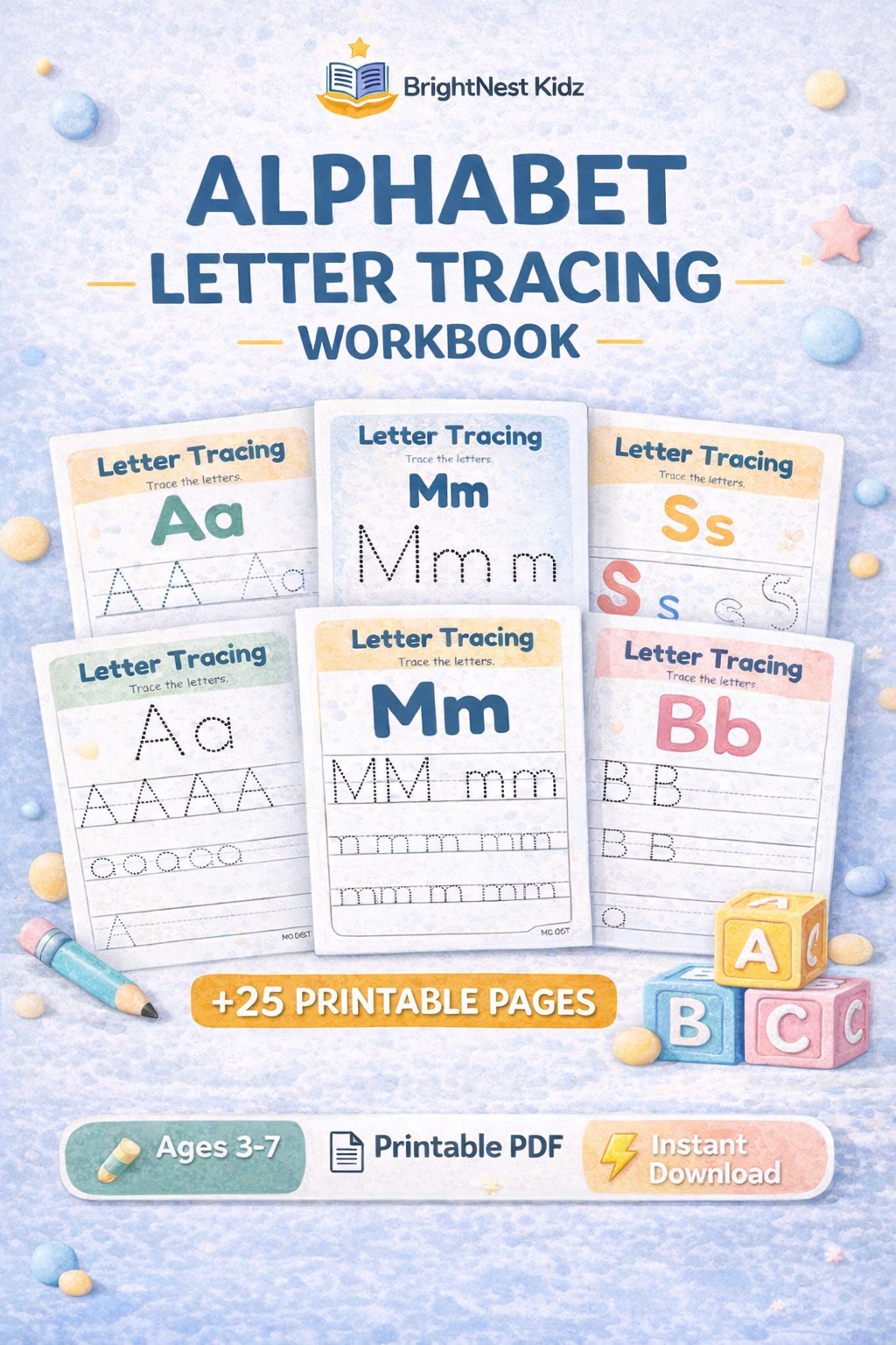 Alphabet Tracing Workbook for Kids (Ages 4–6) | 25+ Printable Pages | Learn Letters & Handwriting | Instant PDF Download